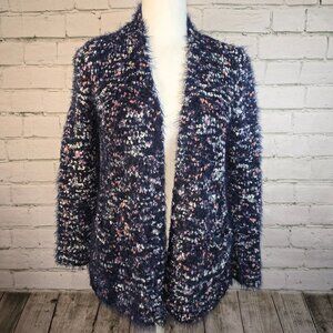 PEYTON PRIMROSE CHUNKY CARDIGAN BLUE WITH PINK WHITE MINGLED SPECKS WOMENS M
